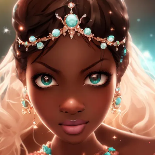 Prompt: Anime, Princess, Teal eyes, Apricot Ballgown, diamond earrings, Ebony skin, HD, 4k, High Quality, Effects, Perfect Render, Exact Copy, No Flaws, Perfect anatomy.