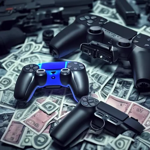 Prompt: A 3d ps5 controller next to a gun, with money in the background. High quality and clean image giving violent and dark vibes. Dark image with Toronto CN tower in the back