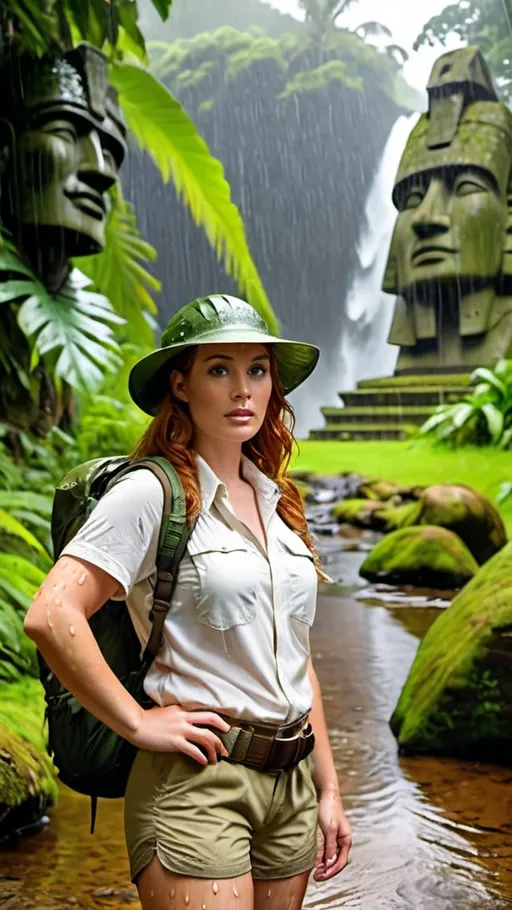 Prompt: ((Rain-soaked:2.0)) Curvaceous young woman with thick auburn hair, intricate beautiful anglo-face, and green eyes, ((wearing a white shirt, hiker's vest, khaki cargo shorts, trail boots, shoulder holster, topped with a khaki canvas pith helmet)), olive green backpack, standing next to a jungle stream with an (ancient stone idol in the background), tropical and exotic, high-res, pro-photo, detailed face, ((glistening water on skin)), bosomy figure, athletic physique, lush greenery, tropical atmosphere, professional lighting, ((rain soaked clothing)), pith helmet, rainy jungle scene, ancient stone Moai, Raider's of the lost ark style Hollywood adventure setting