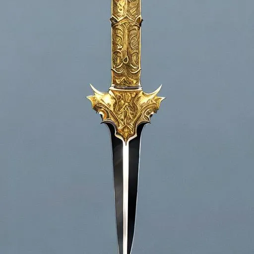 Prompt: gold-plated dagger with silver inlay and what looks to be a steel edge over laid with a thin layer of iron, it also has a small, oval light blue sapphire on each side of the hilt.  The blade itself has two serrated points making the blade angle up slightly as it goes to the point