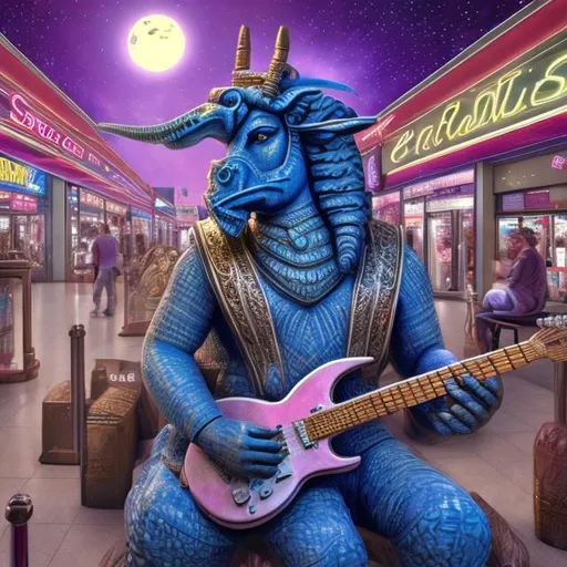 Prompt: Assyrian Lamassu playing a double-necked Guitar for spare change in a busy alien mall, widescreen, infinity vanishing point, galaxy background, surprise easter egg