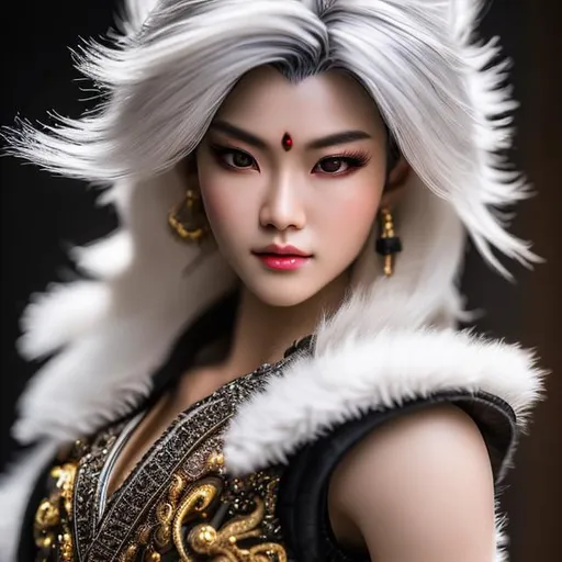 Prompt: long shot super detailed lifelike illustration, intricately detailed, dramatic lighting, lin jeng heng with white hair, young asian, gorgeous detailed face, lin jeng heng as a tekken character

masterpiece photographic real digital ultra realistic hyperdetailed , ruffles, highly detailed brown eyes, highly detailed beautiful gloss lips, highly detailed intricate fluffy white long hair, stray hairs, complex,

hopeful, smile, iridescent reflection, cinematic light,

volumetric lighting maximalist photo illustration 4k, resolution high res intricately detailed complex,

soft focus, digital painting, oil painting, heroic fantasy art, clean art, professional, colorful, rich deep color, concept art, CGI winning award, UHD, HDR, 8K, RPG, UHD render, HDR render, 3D render cinema 4D