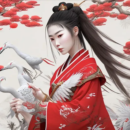 Prompt: Chinese warrior princess, dressed in a red kimono with white cranes illustrated on the fabric. Perfect detailed face, simmetrical lines, realistic 3d