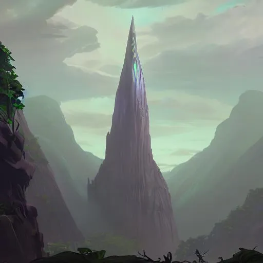 Prompt: A tall ancient iridescent stone spire looming over the middle dense lush jungle with is river that runs through the center