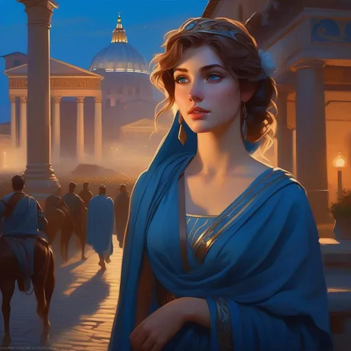 Prompt: Third person, gameplay, ancient Roman girl, pale skin, light brown hair, blue eyes, Rome at night, fog, blue atmosphere, cartoony style, extremely detailed painting by Greg Rutkowski and by Henry Justice Ford and by Steve Henderson 