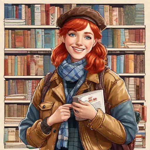 Prompt: A tomboy who likes literature and cinema. She has short red hair and blue eyes. She wears a beret, a scarf, a leather jacket, a plaid shirt, jeans and boots. She has a book in one hand and a movie ticket in the other. She smiles warmly and looks cultured.