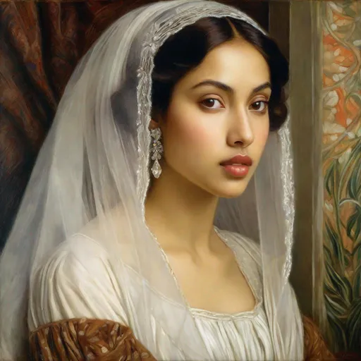 Prompt: half body, pretty young Indonesian woman, 25 year old, (round face, high cheekbones, almond-shaped brown eyes, small delicate nose), white houppelande,  white open veil, character portrait by Elizabeth Polunin, featured on cg society, pre-raphaelitism, pre-raphaelite, enchanting, elegant, masterpiece, intricate detail