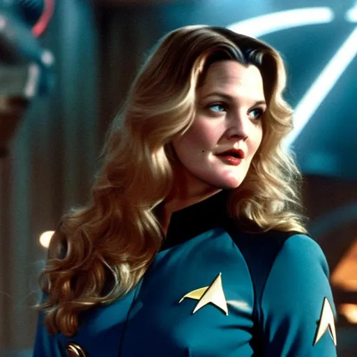 Prompt: A photograph of Drew Barrymore, wearing a Starfleet uniform, with a Star Trek background, in the style of the "Star Trek: The Wrath of Kahn."