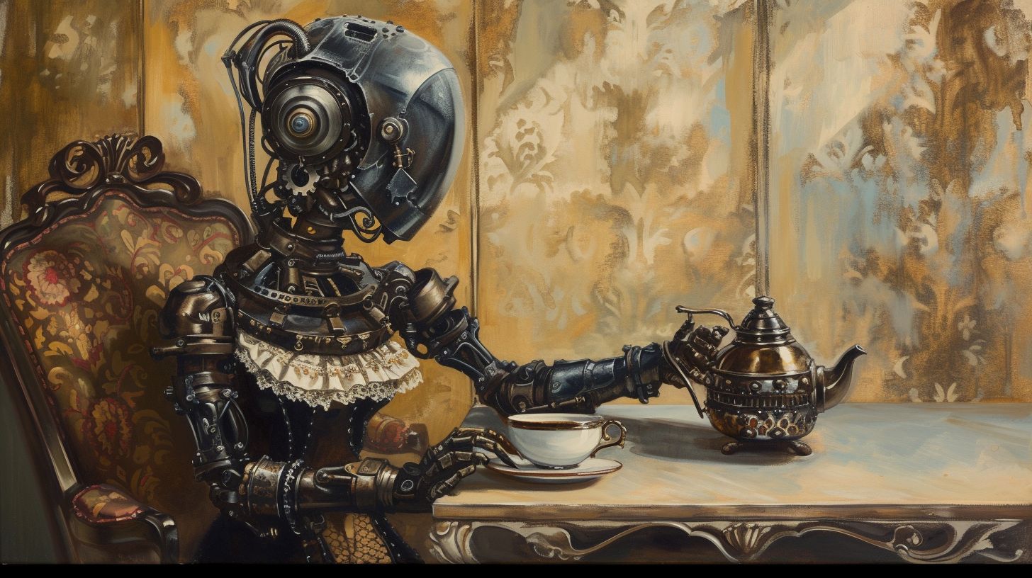 Prompt: Oil painting of a sophisticated steampunk droid embodying feminine elegance. Adorned in attire reminiscent of the Victorian age, her structure is an artful combination of metal components and intricate machinery. Standing beside an antique table, her delicate mechanized hands skillfully serve tea from a metallic kettle into a classic cup, all set against a backdrop oozing historical charm