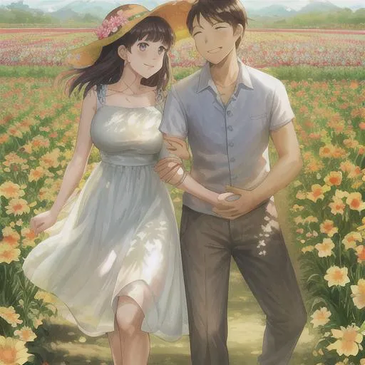 Prompt: A friend, holding my hands, in a flower field, the sun is bright and bring a smile on my face. Woman and man. 