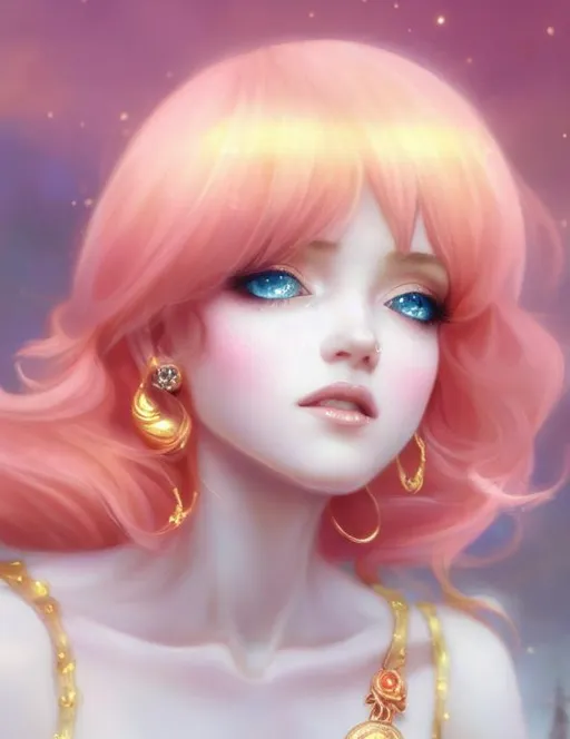 Prompt: glowing, shimmer, fantasy, mage, close up portrait of cute peach princess character, well lit, atmospheric,  character design, gold freckles, highly detailed, fantasy character illustration, portrait, beautifully lit, ethereal, bleak, art by stanley artgerm, peter mohrbacher, Brian Froud, rossdraws, guweiz and wlop and ilya kuvshinov and artgerm and makoto shinkai and studio ghibli. art by Stanley Artgerm, Charlie Bowater, painting by daniel f gerhartz, art by Andrew Atroshenko, orange, yellow and black, long wavy hair, tight cleavage,  pink sun flowers poppies, dramatic makeup, highly detailed girl by artgerm and Edouard Bisson, highly detailed oil painting, portrait of a beautiful person, art by Stanley Artgerm, Charlie Bowater, Atey Ghailan and Mike Mignola,