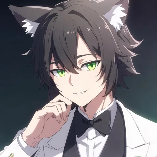 Prompt: boy, cat ears, green colored eyes, 4k, hd ,ultra realistic, white tuxedo, gentle smile