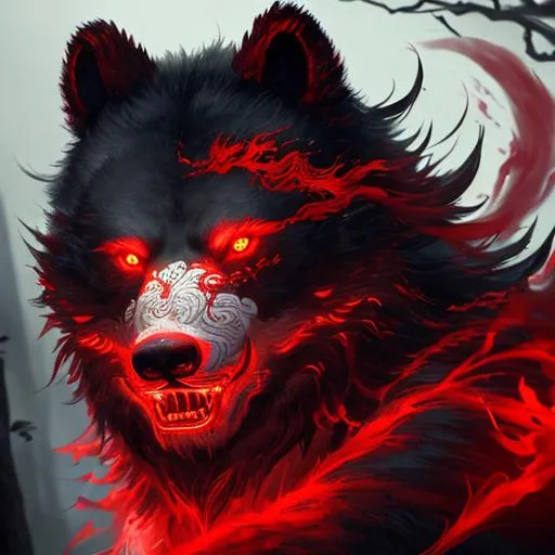 Prompt: Fully detailed, growling okami bear, evil, beautiful, attractive, red glowing eyes, red paint, smoke in the back ground, background dark forest, side, 8k, masterwork, trending on art station, dark colors, hyper realistic, cinematic lighting, photography, national geographic, fantasy style