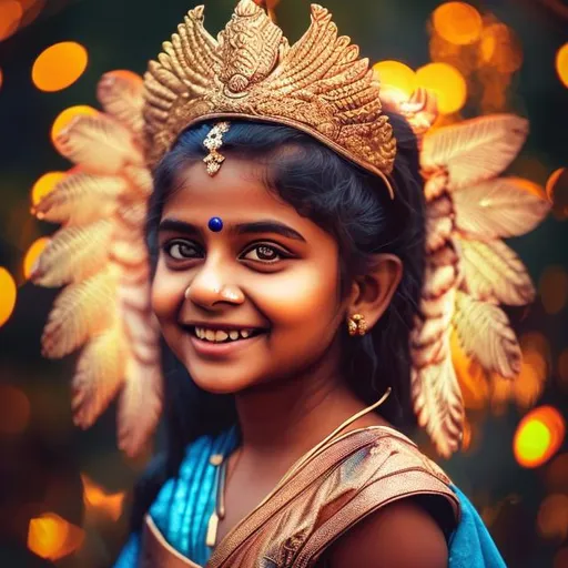 Prompt: intricate cute smiling  Indian girl surrealistic  portrait  wearing golden crown with copper wings and wearing blue saree with detailed golden boarder in dark forest bokeh effects lens flare blur depth of field shallow depth