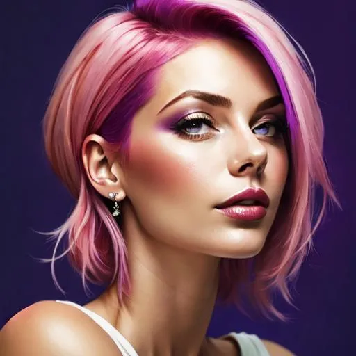 Prompt: a beautiful woman , hot pink hair with purple highlights.