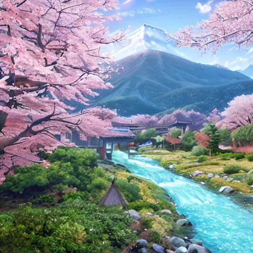 Prompt: Sakura Tree with Mountains in the background, and in the middle there's a river flowing..with a anime art