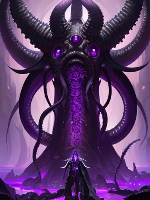 Prompt: Purple knight, eldritch being, tentacles, lovecraft, greg rutkowski, vibrant colors, full hd, high quality, 4k, trending on artstation, oil painting, symmetrical, intricate, highly detailed,