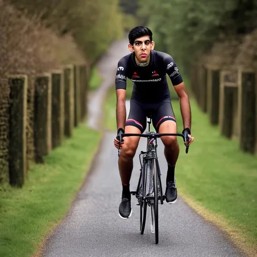 Prompt: Rishi sunak in all black cycling kit. Kit must be 100% black. No logos. Portrait style