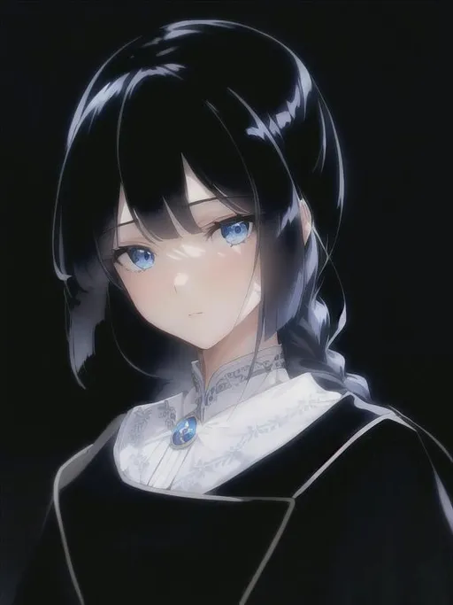 Prompt: 1 girl, highly detailed blue eyes, highly detailed face, innocent looking, regal looking, regal, 8k UHD, young girl, divine, highly detailed blue dress, long sleeved, anime, long dress, fully clothed, fantasy kingdom backdrop, highly detailed back braided silver hair, slight front bangs, scenic view landscape, magical feel, aerial view, idyllic, overhead shot, determined