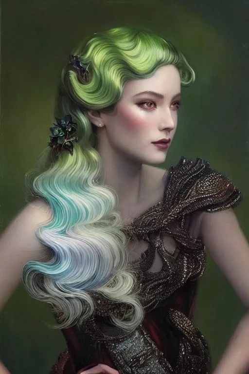 Prompt: A beautiful woman, beautiful face, stunning snake green eyes, ombre gradient green hair, delicate dress made of gradient iridescent snake scales details by pino daeni, tom bagshaw, Cicely Barker, Daniel Merriam, intricate details by Andrew atroshenko, James Jean, Mark Ryden, charlie bowater, WLOP, Jim burns, esao Andrews, Megan duncanson, beautiful portrait , very detailed, high definition, crisp quality, cinematic smooth, cinematic lighting, ultrarealistic, crispy focus 