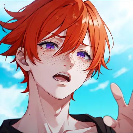 Prompt: Erikku male adult (short ginger hair, freckles, right eye blue left eye purple) UHD, 8K, Highly detailed, insane detail, best quality, high quality,  anime style, in purgatory, yelling out for help, crying