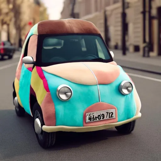Prompt: Microcar covered with coloured plush