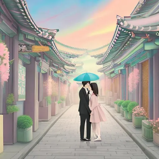 Prompt: create cover for a movie about love in seoul in art gallery pastel colors 