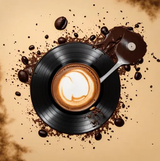 Prompt: Coffee spilt all over a vinyl record 


