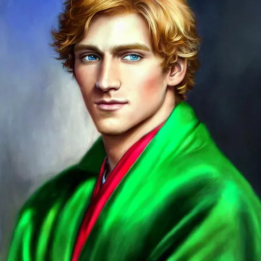 Prompt: Hyper realistic fantasy art of a young adult man with short hair colored strawberry blonde. His face has dark laugh lines, light wrinkles on the forehead, and crow's feet. He has green eyes, a medium skin tone with blue and red undertones, a friendly, round face, a weak chin, a weak jaw, and shallow cheekbones. He's wearing a light green and blue religious robe. rpg game, concept art, fantasy, by alex ross