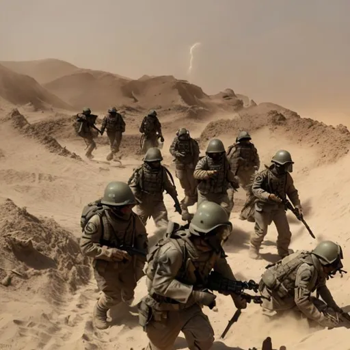 Prompt: trench warfare, mortar team, scifi, army, sand storm, mountain, desert, lightning, fire