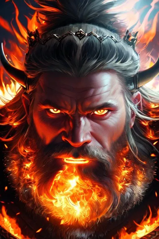 Prompt: Hyper-realistic, front-view close-up portrait of a furious Viking bursting into flames, smoke, embers, (symmetrical composition)+, (eye contact)+, epic, celestial, moody, cinematic lighting, lens flare, highly detailed, sharp focus, octane render, HDRI, intense, dramatic, warm colors, fiery effect, professional, 35mm, 8k, IMAX, (mouth closed)+, viking helmet on his head, dark studio, low key, high contrast, dark background, flawless detail, award-winning, expertly crafted, detailed pupils, unreal engine