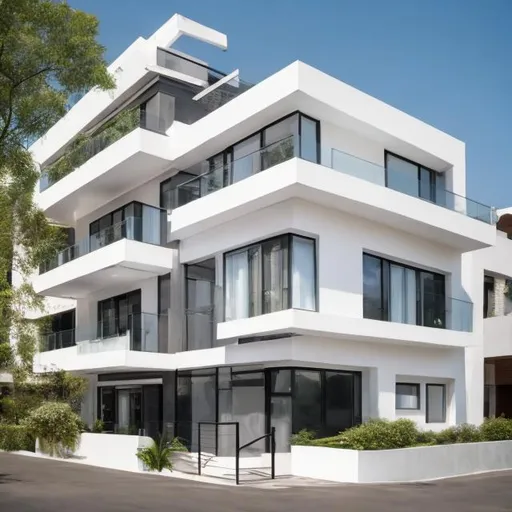 Prompt: Facade of white modern style residential building