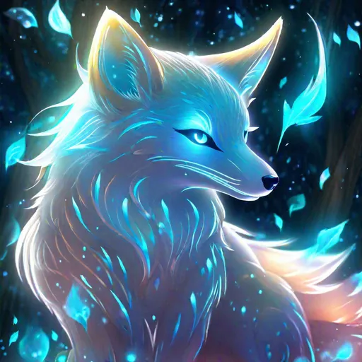 Prompt: A translucent kitsune that is glowing, in a den, realistic, bioluminescent, metallic,  glitter, highres, best quality, concept art
