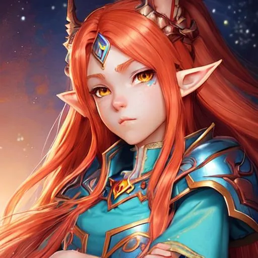 Prompt: female astral elf oath of wile Paladin character concept art and illustration by akihiko yoshida, style of pixar, amazing detailed face closeup, Long plaited red hair, big beautiful eyes swirl with iridescent colors, wearing traveler's clothes, action, madhouse and kyoani character face, cute, pretty girl, portrait, pixiv, artstation, spectacular details, Volumetric Lighting, Dramatic lighting