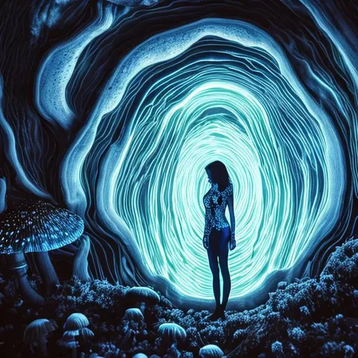 Prompt: Woman in the blue deep, dark space, glowing, luminescent algae, Dark Cave, silver wetsuit, mushrooms, bid space, long hair swimming, 