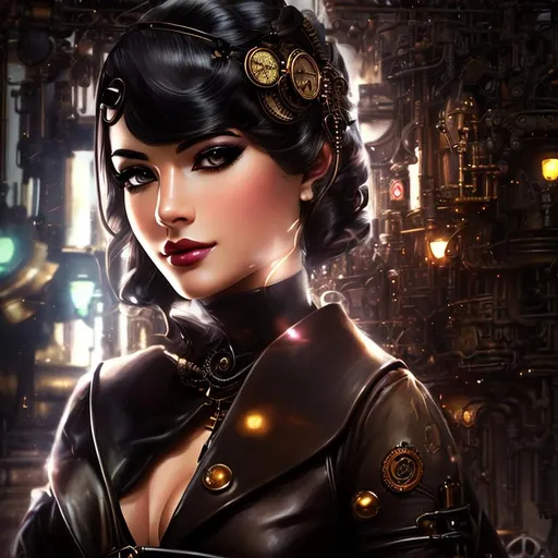 Prompt: steampunk, (high quality)+, (high texture)+, (ultra detailed)+, (detailed background)++, (perfect anatomy)+, (proper finger structure)+, (quality artwork)+, (mature woman)++, solo, detailed face, black hair, long hair, shiny hair, detailed hair, iridescent eyes, detailed eyes, goggle with neon trim++, (leather gloves)++, detailed accessories, detailed body)++, shiny skin, (fair skin)+, detailed skin, (bronze gears)++, road++, rain background++, (metal trees)++, (full body)+++, (sepia tones)++, (from ahead)++