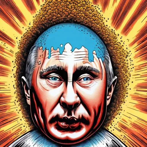 Prompt: Putin' face mask fading into an atomic bomb mushroom cloud, Sergio Aragonés MAD-Magazine style