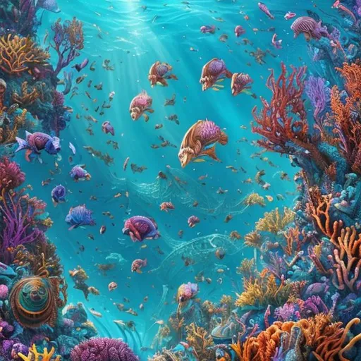 Prompt: Vibrant and colorful art of an underwater kingdom of mermaids, with long, flowing hair and tails that shimmer in the sunlight. Coral reefs with bright colors and intricate patterns. Sunken ships covered in barnacles and seaweed. Fish of all shapes and sizes swimming among the coral. Sharks, whales, and other large sea creatures in realistic detail.