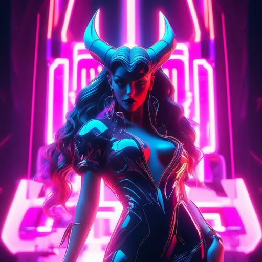 Prompt: a beautiful female demon in a dynamic pose in a retro futuristic synthwave cyberpunk neon paradise.  neon lighting, high quality, beautiful, synthwave, cyber, retro, futuristic