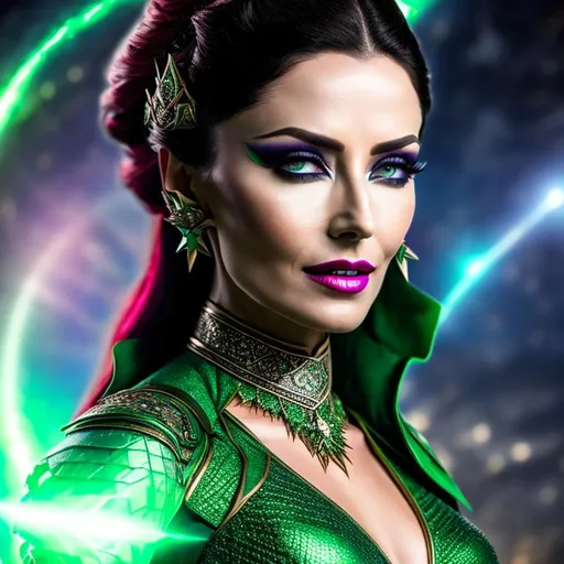 Prompt: High-resolution hyperrealistic image of shiar-empress-lilandra-neramani merged with skrull-empress-r'klll, green skin, pointed ears, feathered hair, marvel-comics, photorealistic, uhd, hdr, 64k