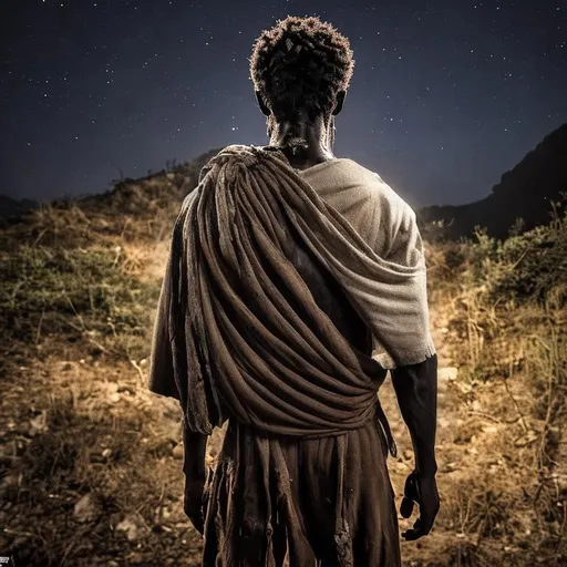 Prompt: at ancient times in the East, a black man in the wilderness, in the abandoned mountains at night, in agony, weeping, weighed down by invisible burden from his shoulders to his back, folding hands, his  face is clearly shown
