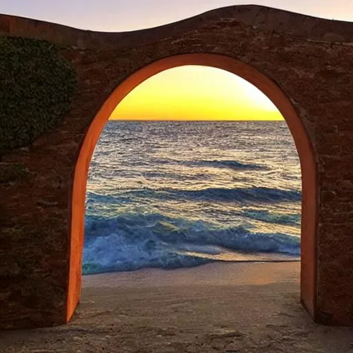 Prompt: Create an image of a giant arch in a wall with a view of the ocean during a sunset. portray the feeling of something not being there but still feeling a presence