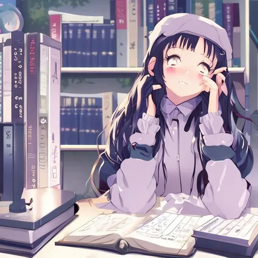 Prompt: anime lofi girl studying at night with uniform and with computer