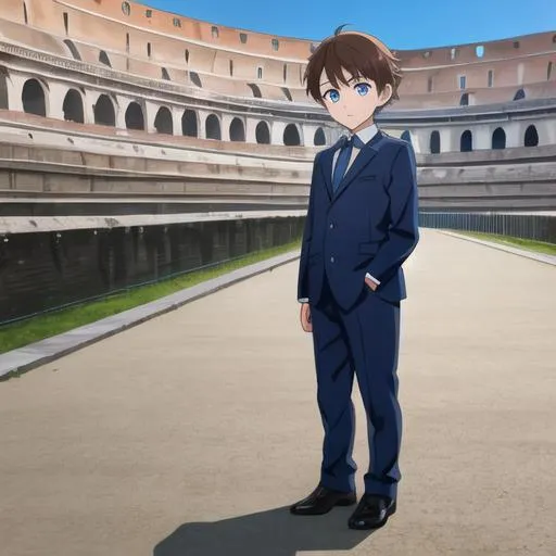 Prompt: a little child boy wearing a dark blue suit with light blue eyes and brown hair standing in the Coliseum in Rome.