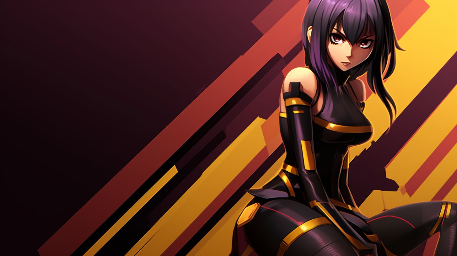 Prompt: an anime cartoon girl posing, in the style of Toonami, with a hard edge aesthetic. The colors are predominantly dark black and yellow, inspired by Japanese prints. The background features dark purple and red hues with jagged edges, giving a sense of untrained artistic expression. This image should have a 3D render appearance, adding depth and realism to the anime character and background, in a wide ratio.