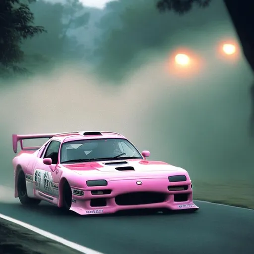 Prompt: realistic 1990s magazine advertisement photograph pink mazda rx7 race car driving in large Japanese foggy togue in day bright light 