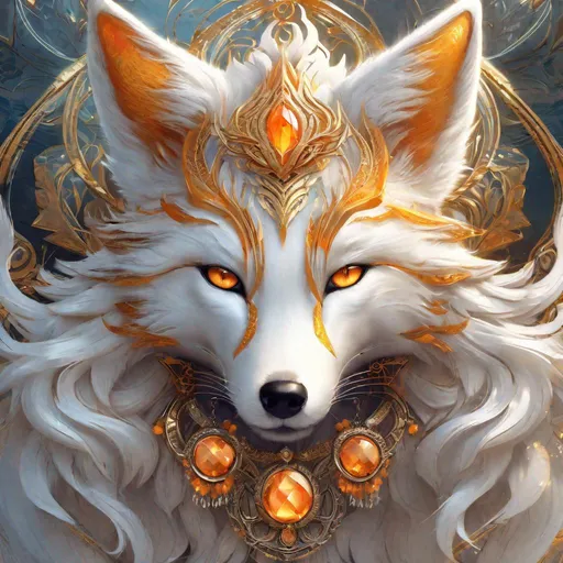 Prompt: (masterpiece, hyper detailed, epic digital art, professional illustration, fine colored pencil), Adolescent runt ((kitsune)), (canine quadruped), nine-tailed fox, dreamy amber eyes, big 8k eyes, fuzzy {white-gold} pelt, (golden necklace with brilliant orange gemstone), pointy brown ears, in a large futuristic city, skyscrapers tower above her, the city lights up against twilight, possesses ice, timid, curious, expressive bashful gaze, slender, scrawny, fluffy gold mane, {frost} on face, frost on fur, fur is frosted, sparkling ice crystals in sky, sparkling ice crystals on fur, sparkling rain falling, frost on leaves, dreamy, melodic, highly detailed character, full body focus, perfect composition, trending art, 64K, 3D, illustration, professional, studio quality, UHD, HDR, vibrant colors
