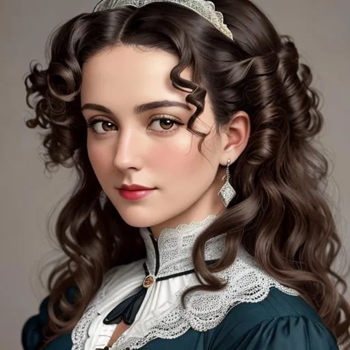 Prompt: An attractive 35 year old woman with very curly hair, elegant, Victorian era, 18th century, facial closeup