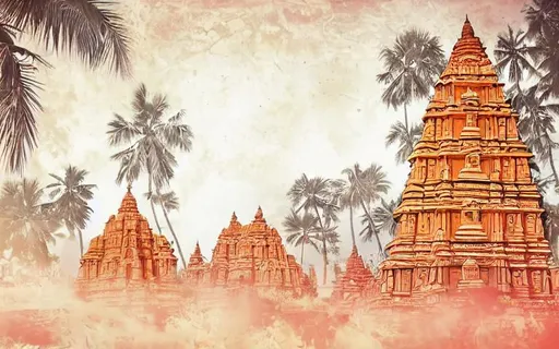 Prompt: Make an ancient south indian temple background in a artistic style similar to the given image but a color palette using more oranges and giving a more apocalyptic vibe

