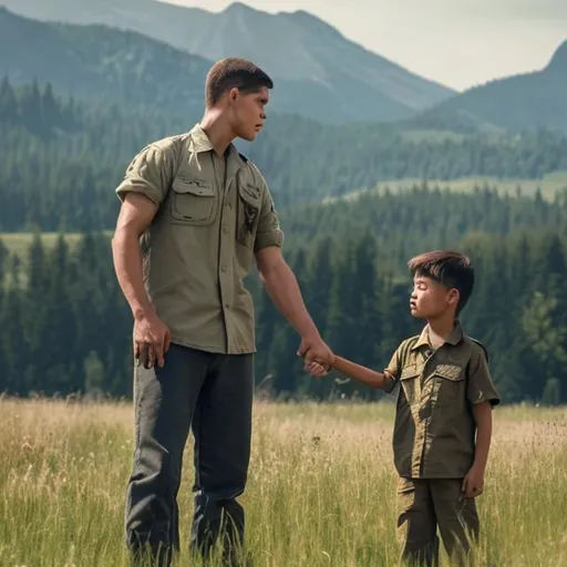 Prompt: Create a landscape of a man In a meadow surrounded by mountains, at noon. He is wearing regular clothes, a blue shirt and pants, he is holding the hand of his young son. 
Far away he sees in the distance his former friend, who is now a soldier dressed in uniform.